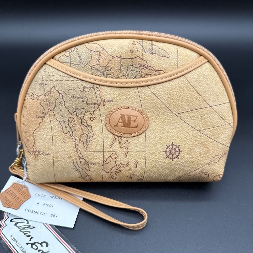 Nesting Doll Make Up Bag World Map Print - Leather Trim New With Tags Vintage - Picture 4 of 12